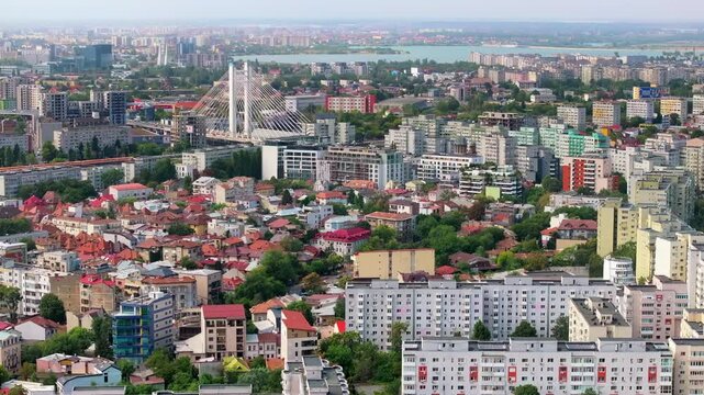 Aerial drone view of buildings around the Basarab Overpass bridge in Bucharest, Romania