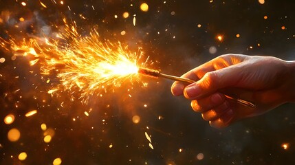 Hand Holding a Firecracker: A hand lighting a firecracker, with sparks flying as it begins to ignite, capturing the excitement of a celebration.
