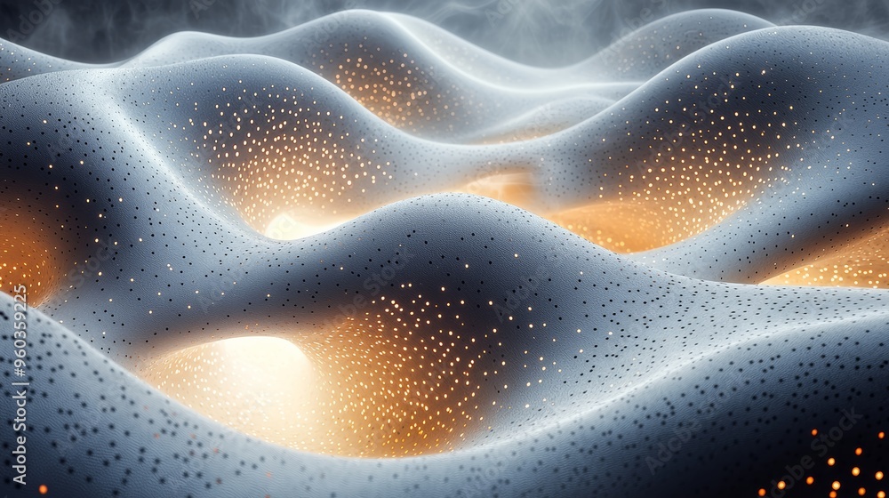 Poster intricate patterns of glowing particles in a wavy surface under soft light, showcasing a surreal lan