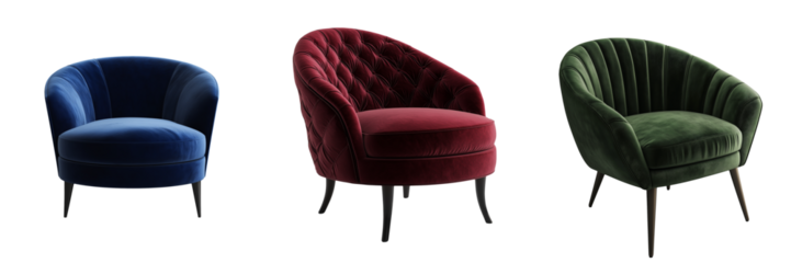 A chic, velvet accent chair in a deep green, red and blue  color isolated on transparent background