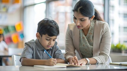 An Indian teacher giving one-on-one attention to a student, helping with specific educational needs and challenges.