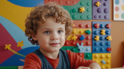 Naklejka premium A young preschool boy with curly hair assembles puzzles in a children's room. Focus on fine motor skills, development, hobbies, and board games. AI-generated.
