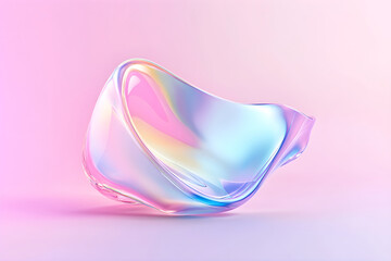 Abstract holographic texture of curved waves in Y2K style. 3d render of transparent glass, plastic. Fluid iridescent smooth surface isolated on pink background. Trendy futuristic motion design banner.