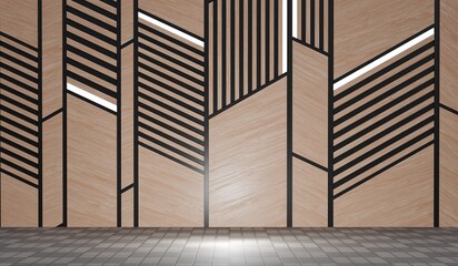 Empty room decorated with wooden slat walls, hiding warm white lights on the ceiling, modern floor and wall scenes. Modern room, minimalist empty space with wooden slat walls and walls