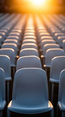 Fototapeta premium A serene view of empty chairs in rows, illuminated by a warm sunset glow, creating a peaceful and inviting atmosphere.
