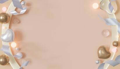 Valentine Day Banner, Glass Ball and Heart Background, Valentine Day Poster, Pastel Color, Ready for Text, Sale Banner or Greeting Card, Header, Valentine Day Card, Cover, 3D Illustration Flyer