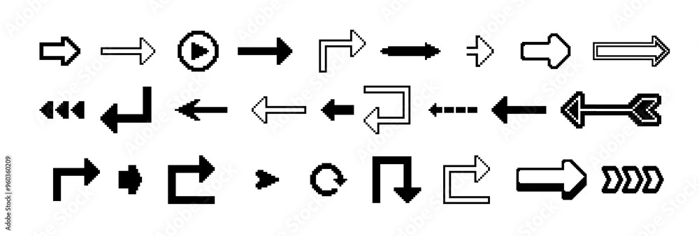 Poster 8 bit pixel arrows vector big set of icons, collection of arrow direction cursors in old pc or gamin