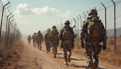 Military Soldiers Walking on Dusty Road, Border Patrol, Security Fence