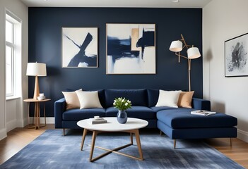 Dark Green modern living room interior , orenge armchair and white table ,blue wall mockup 