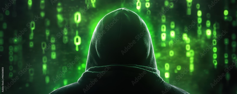 Poster a mysterious figure in a hoodie against a backdrop of green binary code, symbolizing secrecy and the