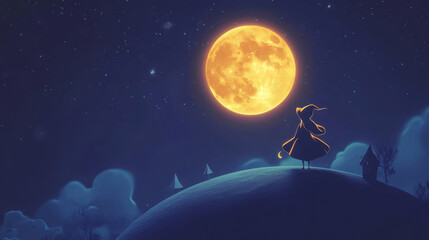 Naklejka premium A whimsical character gazes at bright full moon in starry night sky, creating magical atmosphere.
