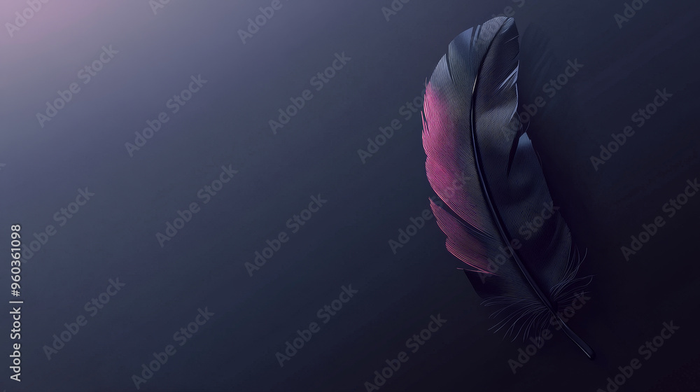Poster a beautifully designed feather with gradient of dark colors, creating mysterious and elegant atmosph