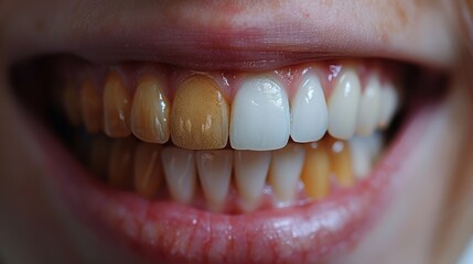 Fototapeta premium A detailed close-up of a person's smile showing the state of teeth whitening, with a mix of white and yellow teeth, highlighting the importance of dental hygiene.