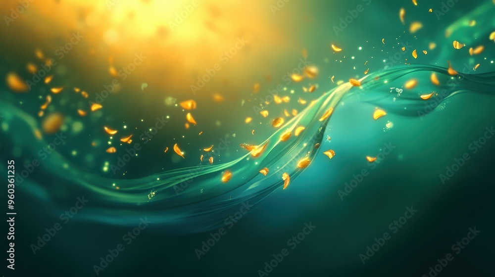 Poster a mesmerizing abstract design featuring flowing water with golden particles, evoking tranquility and