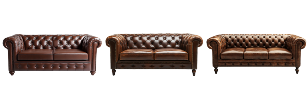 A classic tufted leather sofa in dark brown isolated on transparent background