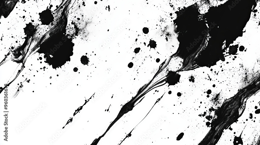 Poster abstract black ink splatters on a white background create a dynamic and artistic visual effect.