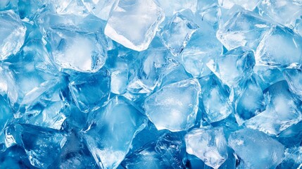 A close-up view of clear ice cubes, showcasing their texture and color variations in shades of blue.