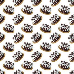Chocolate cake with sugar icing. Vector illustration on a white background. Simple seamless pattern.