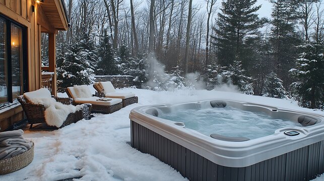 A hot tub nestled in a snow-covered backyard, surrounded by pine trees, steam rising into the cold winter air, warm blankets on chairs nearby, snow falling gently from the sky,