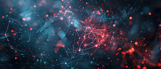 Artificial Intelligence Digital Background with a Futuristic High-Tech Illusion of Computer Symbol Style, Featuring Deep Blue Gradient and Red Bokeh Lights for Enhanced Depth and Contrast, Perfect for