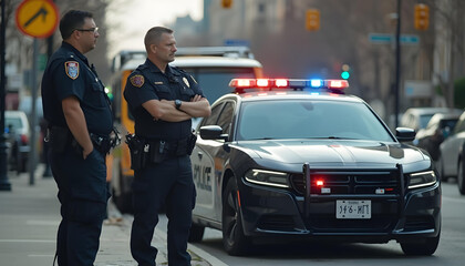 Obraz premium Two Police Officers on Duty, Law Enforcement, Police Car