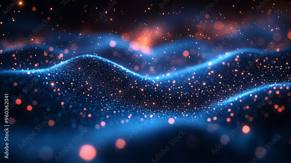 Poster glowing waves of light and particles create an ethereal atmosphere, illustrating a cosmic landscape 