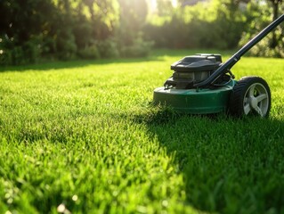Fototapeta premium A close-up view of a lawn mower cutting lush green grass in a sunny garden, showcasing a clean and well-maintained landscape.
