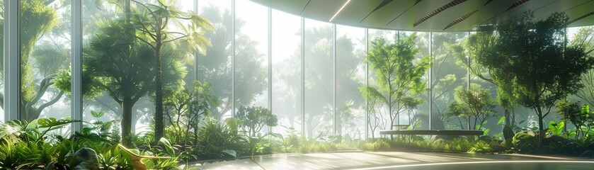 Naklejka premium Modern indoor garden with large glass windows letting in natural sunlight, creating a serene and green environment.