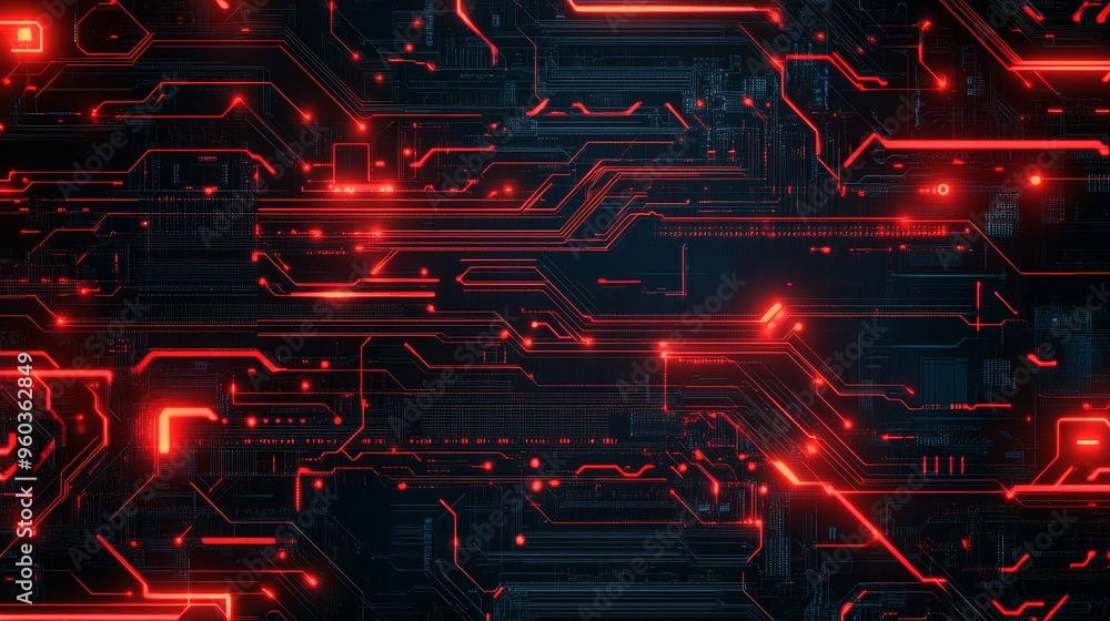 Poster a digital circuit board design featuring intricate red lines and patterns against a dark background,
