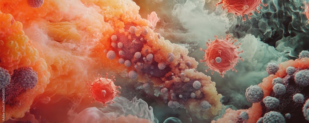 Poster abstract depiction of vibrant cells and microorganisms showcasing intricate details and textures in 