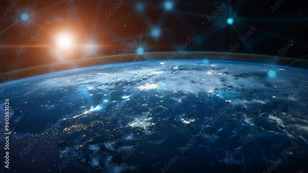 Fototapete planet with a network of lines connecting it to other planets. connections system and global datas e