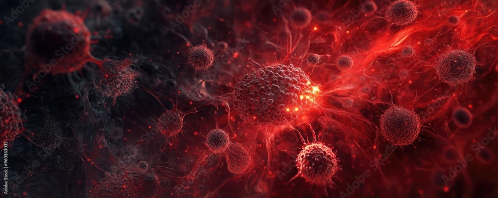 Poster Abstract depiction of cells in red hues, illustrating the complexity and vibrancy of biological processes.