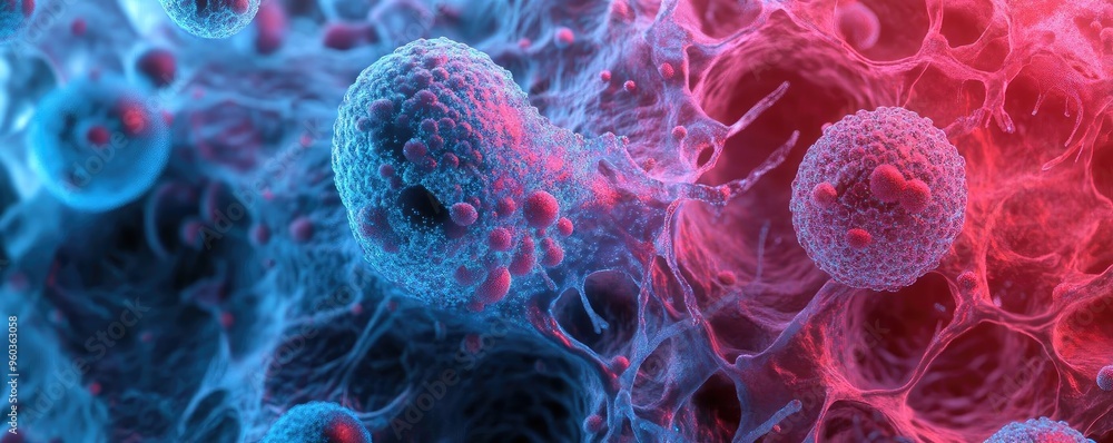 Poster Abstract representation of cells, highlighting their intricate structures and vibrant colors, perfect for scientific and educational use.