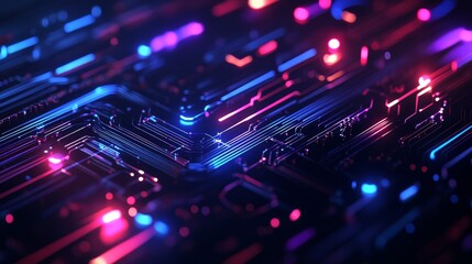 Fototapeta premium A vibrant, abstract representation of a circuit board with glowing lines and nodes, illustrating technology and innovation.
