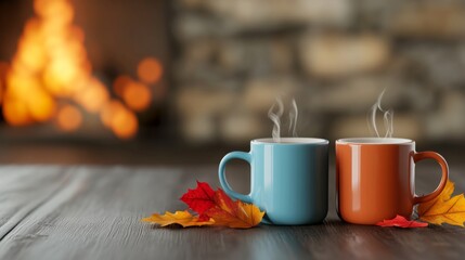 Cozy Thanksgiving scene, coffee cups with autumn leaves, warm fireplace setting