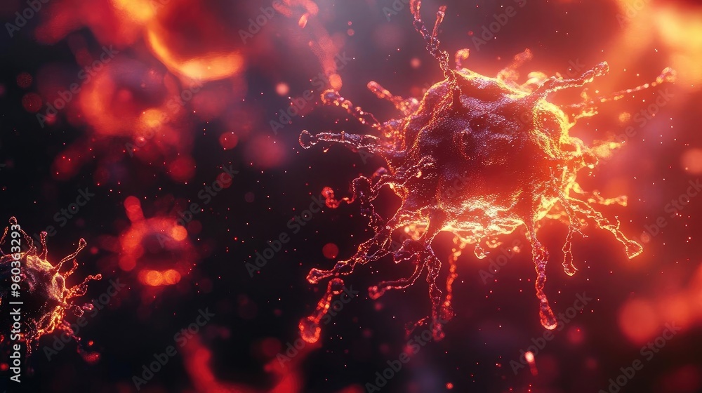 Poster Close-up view of a virus particle with glowing details, showcasing intricate structures and vibrant colors in a microscopic environment.