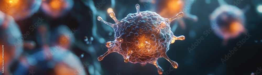 Poster Detailed close-up of a virus cell under a microscope, illustrating intricate structures and vibrant color patterns, perfect for scientific use.