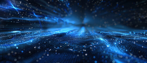 Obraz premium Artificial Intelligence Digital Background with a Futuristic High-Tech Illusion of Computer Symbol Style, Featuring Deep Blue Gradient and Red Bokeh Lights for Enhanced Depth and Contrast, Perfect for