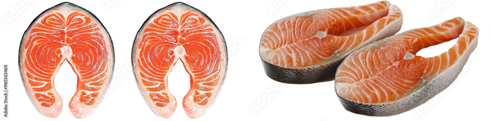 Poster salmon fillet slice for steak grill menu, isolated on a colorful background. salmon is one of the he