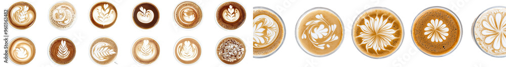 Aufkleber a top view of latte or cappuccino coffee in white cup with latte art foam isolated against a white b