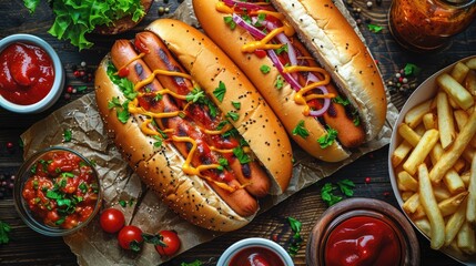 Two appetizing hotdogs garnished with mustard, ketchup, and onions, accompanied by crispy fries, lettuce, and various dipping sauces, presented on a dark wooden background.