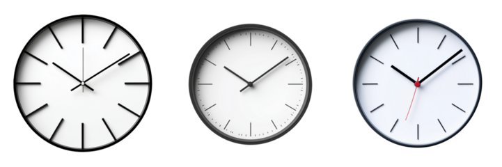 A modern wall clock with a minimalist design, featuring clean lines and simple numerals, isolated on transparent background