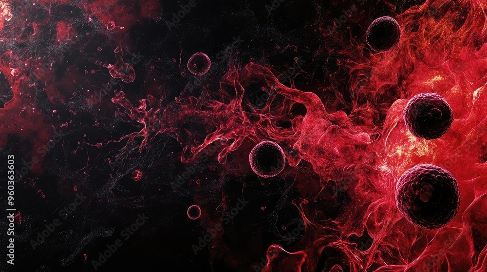 Poster a dramatic abstract composition featuring vibrant red hues and swirling patterns, evoking a sense of