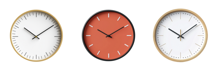 A modern wall clock with a minimalist design, featuring clean lines and simple numerals, isolated on transparent background