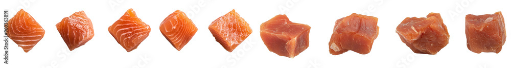 Poster a set of pieces of raw fish salmon slices is isolated on a white background.