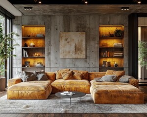 Industrial Modern Living Room with Leather Sofa, Concrete Walls, and Metal Shelving