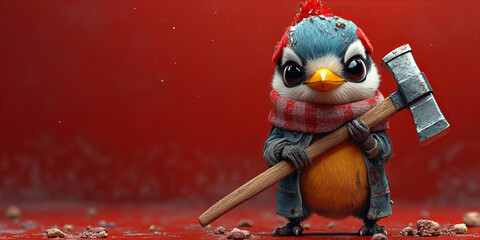 Determined Bird with Axe in Hand in a Dramatic Setting, Cartoon Style, Bold Colors, Red Background, Intense and Gritty Mood