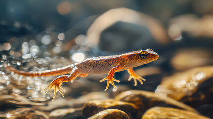 Fototapeta premium Close-up of a Newt Swimming in a Stream