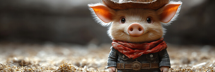 Charming piglet wearing cowboy hat and kerchief in a rustic setting with warm, autumnal light and playful, cheerful atmosphere