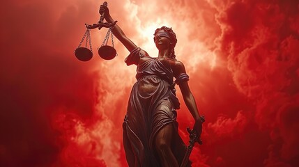 The iconic statue of Lady Justice with her scales raised stands against a dramatic red-hued sky, symbolizing the strength, impartiality, and fairness of the law.